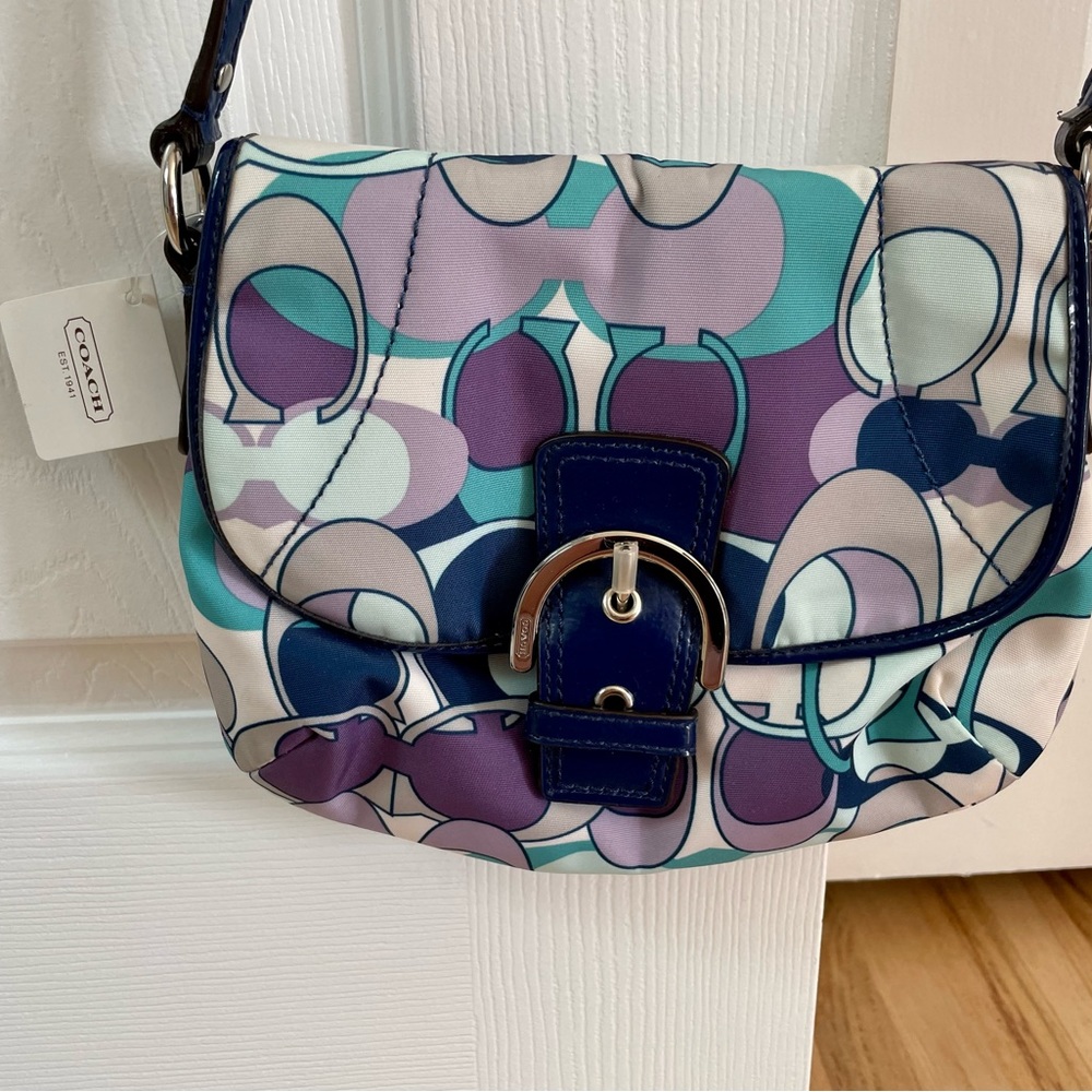 Coach New with Tags! Signature Print Crossbody Nylon with Patent Leather Trim